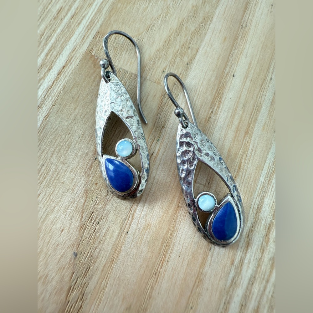 925 Sterling silver hammered teardrop blue stone earrings on hooks